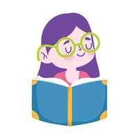 poco alunno ragazza con bicchieri lettura libro cartone animato personaggio isolato icona vettore