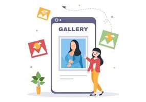 foto galleria su mobile App e file su computer contenente immagini, documenti o video nel piatto stile cartone animato mano modello illustrazione vettore