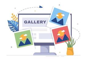 foto galleria su mobile App e file su computer contenente immagini, documenti o video nel piatto stile cartone animato mano modello illustrazione vettore