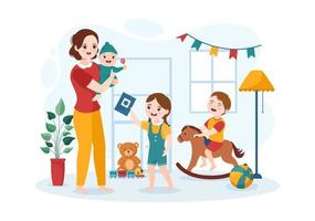 baby-sitter o bambinaia Servizi per cura per fornire per bambino esigenze e giocare con bambini su piatto cartone animato mano disegnato modello illustrazione vettore