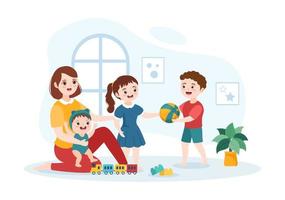 baby-sitter o bambinaia Servizi per cura per fornire per bambino esigenze e giocare con bambini su piatto cartone animato mano disegnato modello illustrazione vettore