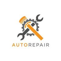 auto riparazione logo design con pistone e chiave inglese dentro un' Ingranaggio vettore