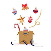 Natale decorazione volante su di il scatola di cartone scatola. palline, albero topper, orpello e tintinnio campane siamo nel il aria, sopra il scatola. vettore illustrazione su cartone animato piatto stile.