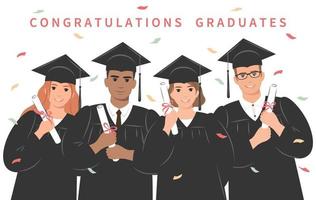 Congratulazioni laureati. gruppo di contento studenti-laureati Università o Università indossare un accademico abito, la laurea berretto e Tenere un' diploma. vettore illustrazione
