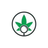 canapa ricerca logo design vettore modello. marijuana foglia e lente di ingrandimento logo combinazione. canapa e ingrandimento simbolo o icona.