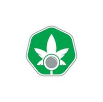 canapa ricerca logo design vettore modello. marijuana foglia e lente di ingrandimento logo combinazione. canapa e ingrandimento simbolo o icona.