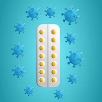 medico pillole giallo medicazione nel bolla e mortale pericoloso coronavirus infezione malattia covid-19 pandemia virus molecola su blu sfondo vettore