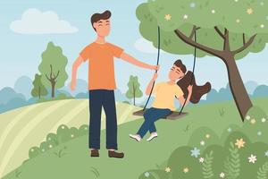 padre e figlia nel il campagna, equitazione su altalene, il padre altalene il suo figlia nel parco. famiglia carino illustrazione contro un' primavera e estate paesaggio. vettore illustrazione nel piatto stile.