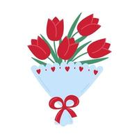 fiore mazzo isolato su bianca sfondo. rosso tulipani nel blu avvolgere. regalo per San Valentino giorno, nozze, compleanno, 8 marzo. vettore