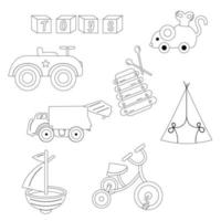 collezione di figli di giocattoli schema. macchina, barca, topo, tenda, bicicletta vettore