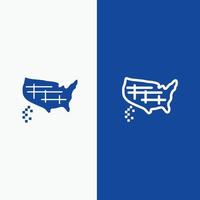 carta geografica stati unito Stati Uniti d'America linea e glifo solido icona blu bandiera linea e glifo solido icona blu bandiera vettore