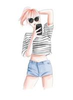 ragazza carina prendendo selfie cartoon in stile acquerello vettore