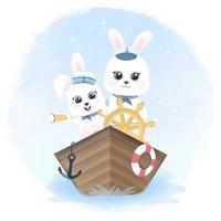marinai di coniglio che guidano la barca in stile acquerello vettore