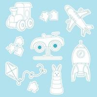 un' impostato di adesivi per figli di giocattoli schema. macchina, aereo, vapore treno, lepre, puzzle vettore