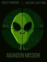 testa aliena verde sotto il poster del cecchino di un cacciatore vettore