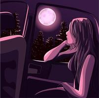 ragazza meditando al chiaro di luna all'interno dell'auto vettore