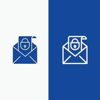 posta e-mail Messaggio sicurezza linea e glifo solido icona blu bandiera linea e glifo solido icona blu bandire vettore