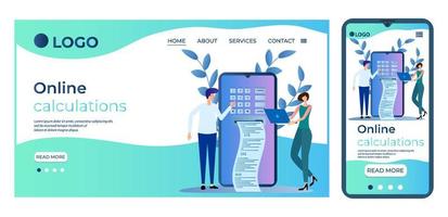 in linea calcoli.persone ricevere un elettronico ricevuta utilizzando loro smartphone.il concetto di elettronico pagamento di fatture.il modello di il atterraggio pagina.piatta vettore illustrazione.
