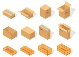 un' impostato di cartone scatole e di legno scatole.cartone e di legno scatole nel diverso angoli, chiuso e aperto.isometrico vettore illustrazione.
