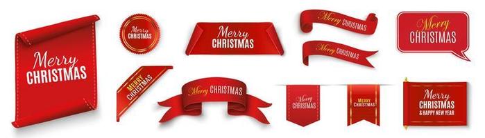 etichette allegro Natale e contento nuovo anno. rosso pergamene e banner isolato. Natale scorrere vettore illustrazione, rosso colore striscione. allegro Natale e contento nuovo anno etichetta.