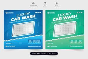 creativo auto lavaggio e Manutenzione servizio sociale media inviare vettore. automobile pulizia attività commerciale promozionale ragnatela bandiera design con verde e blu colori. veicolo lavare manifesto modello per marketing vettore