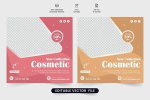 nuovo cosmetico collezione e bellezza cura Prodotto promozionale ragnatela bandiera vettore. cura della pelle Prodotto sociale media inviare design con rosa e nudo colori. cosmetico memorizzare promozione e vendita modello vettore. vettore