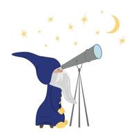 carino gnomo Osservatore di stelle guardare su il stelle e il Luna attraverso un' telescopio vettore
