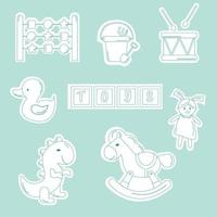 un' impostato di adesivi per figli di giocattoli schema. pony, Bambola, dado, anatra, dinosauro, tamburo vettore