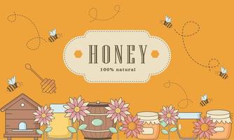 miele striscione, manifesto, sfondo con api, botte, barattolo, fiori vettore
