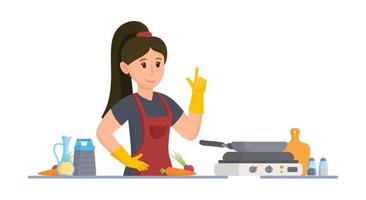 vettore illustrazione di donne cucinando. torrefazione nel un' frittura padella. ragazza cucinando cena o pranzo nel il cucina.