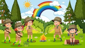 bambini campeggio su foresta scena vettore