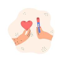 un' dell'uomo mano con un' cuore e un' donna di mano detiene un' positivo gravidanza test con Due strisce. il concetto di aspettandosi un' bambino di un' contento famiglia. mano disegnato vettore illustrazione.