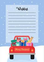 Natale Lista dei desideri. natale desiderio elenco con copia spazio per scrivere. auto con i regali indietro Visualizza. piatto vettore illustrazione. lettera per Santa Claus vuoto modello.
