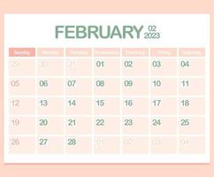 calendario per anno 2023. febbraio. ufficio aziendale progettista modello nel pastello colori. parete o del desktop calendario pagina. minimalismo. settimana inizia su Domenica vettore