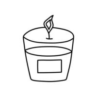 aroma candela nel un' bicchiere candeliere con etichetta nel scarabocchio stile. compleanno, celebrazione, vacanza, festa, hygge, aromaterapia concetto. nero e bianca vettore illustrazione per colorazione libro.