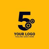 numero 5 con Ingranaggio per tecnologia e meccanico vettore logo design