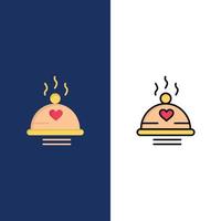 cena cibo bbq amore San Valentino icone piatto e linea pieno icona impostato vettore blu sfondo