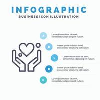 mano cuore amore motivazione linea icona con 5 passaggi presentazione infografica sfondo vettore