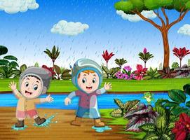 il contento bambini giocare con il acqua nel il piovoso stagione vettore
