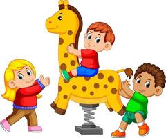 contento bambini giocando primavera ciclista giraffa vettore