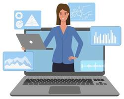 un' giovane donna è Lavorando su sua laptop.office opera, in linea libero professionista opera, e attività commerciale analytics.flat vettore illustrazione.