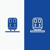 indietro ferrovia treno mezzi di trasporto linea e glifo solido icona blu bandiera linea e glifo solido icona bl vettore
