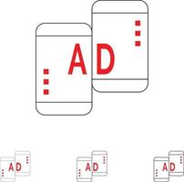 pubblicità mobile mobile pubblicità marketing grassetto e magro nero linea icona impostato vettore