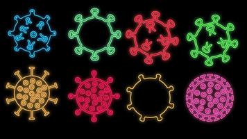 impostato di luminosa raggiante multicolore medico scientifico neon segni per farmacia ospedale laboratorio bellissimo brillante con covid 19 coronavirus pandemia virus su nero sfondo. vettore illustrazione