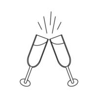nero e bianca lineare semplice icona bellissimo di Due bicchieri di Champagne quello tintinnio bicchieri durante un' crostini per il festa di amore su San Valentino giorno o marzo 8°. vettore illustrazione