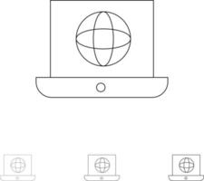 il computer portatile mondo globo tecnico grassetto e magro nero linea icona impostato vettore