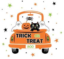 Halloween arancia camion modello con diverso carino personaggi fantasma, zucca, e gatto. vettore Halloween camion con trucco o trattare e fischio testo su il indietro