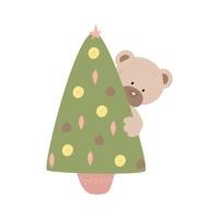 carino orsacchiotto orso sbirciando su di il Natale albero vettore