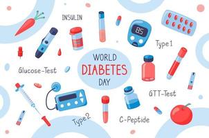 mondo diabete giorno sfondo con glucometro e pillole. mano disegnato vettore illustrazione per consapevolezza di mellito.