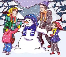 famiglia fabbricazione pupazzo di neve vettore illustrazione